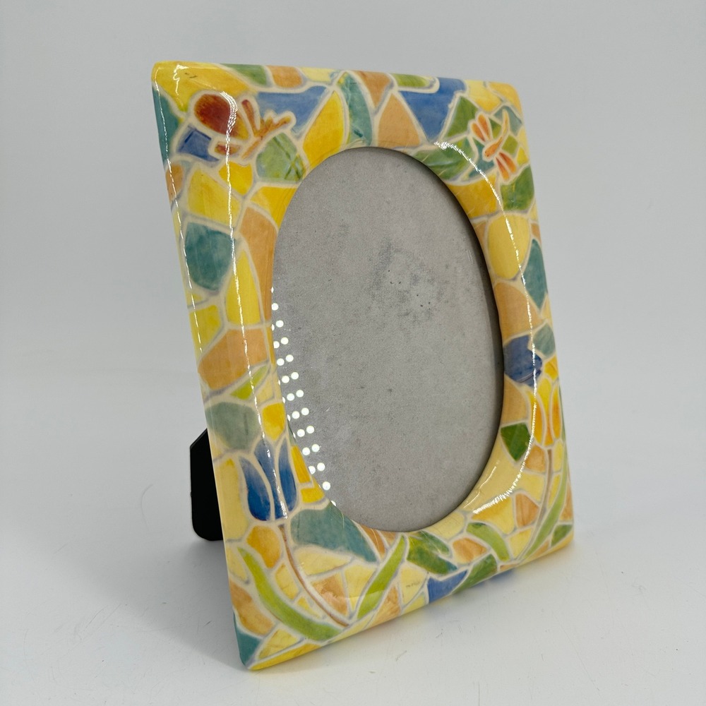 Mosaic Ceramic Dragonfly Floral Picture Frame 4x6 Oval Opening Yellow Blue Green